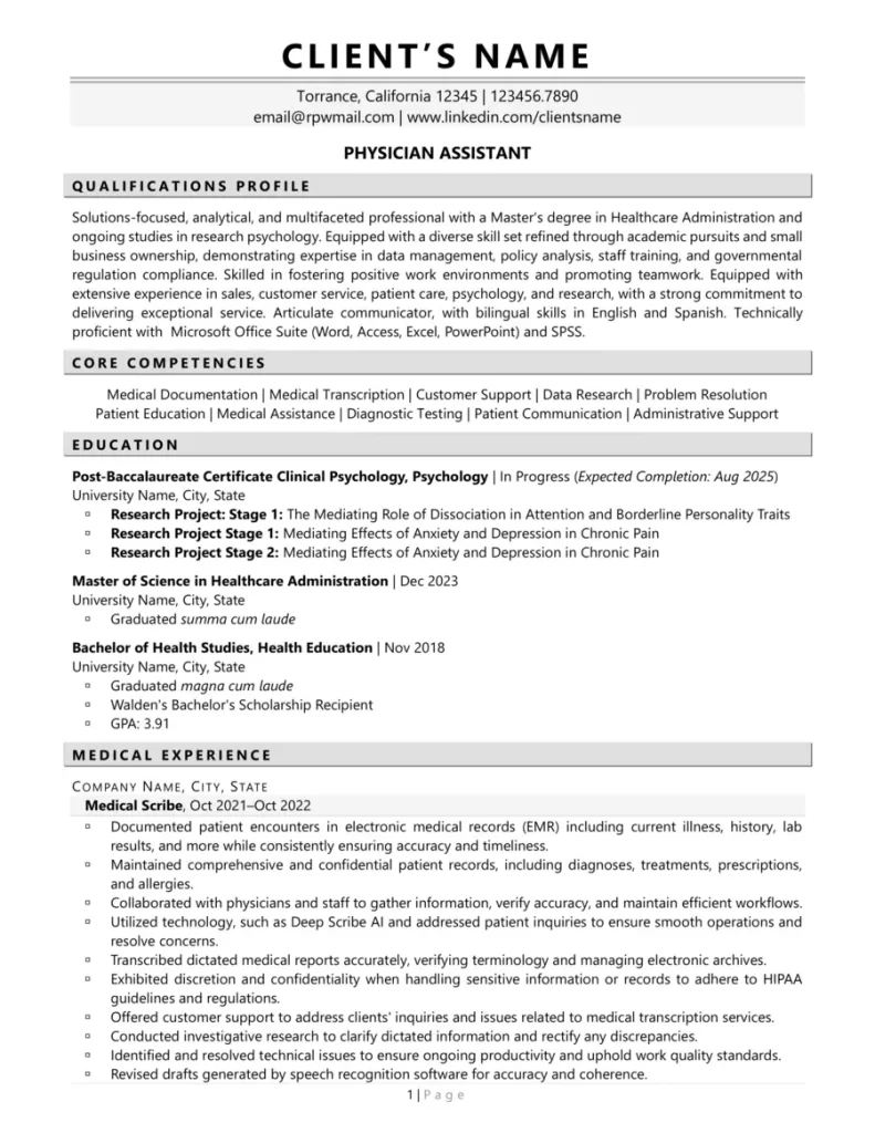 Rpw Curriculum Vitae Example 1